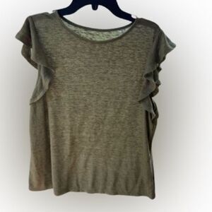 A New Day ruffle sleeve top, olive green, 57% rayon, 43% polyester, flattering t